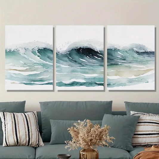 3pcs Ocean waves watercolor painting Metal Print Ready to Hang Art