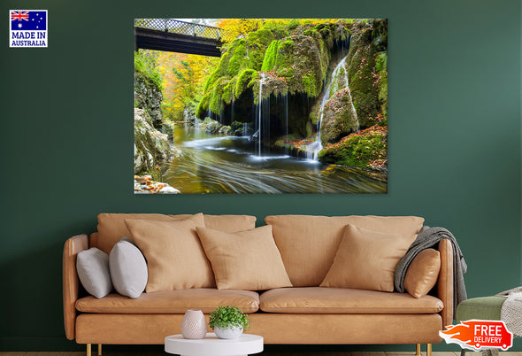 Mossy Rocks & Water Cascading Print 100% Australian Made Stretched Canvas Ready to Hang - NT-119