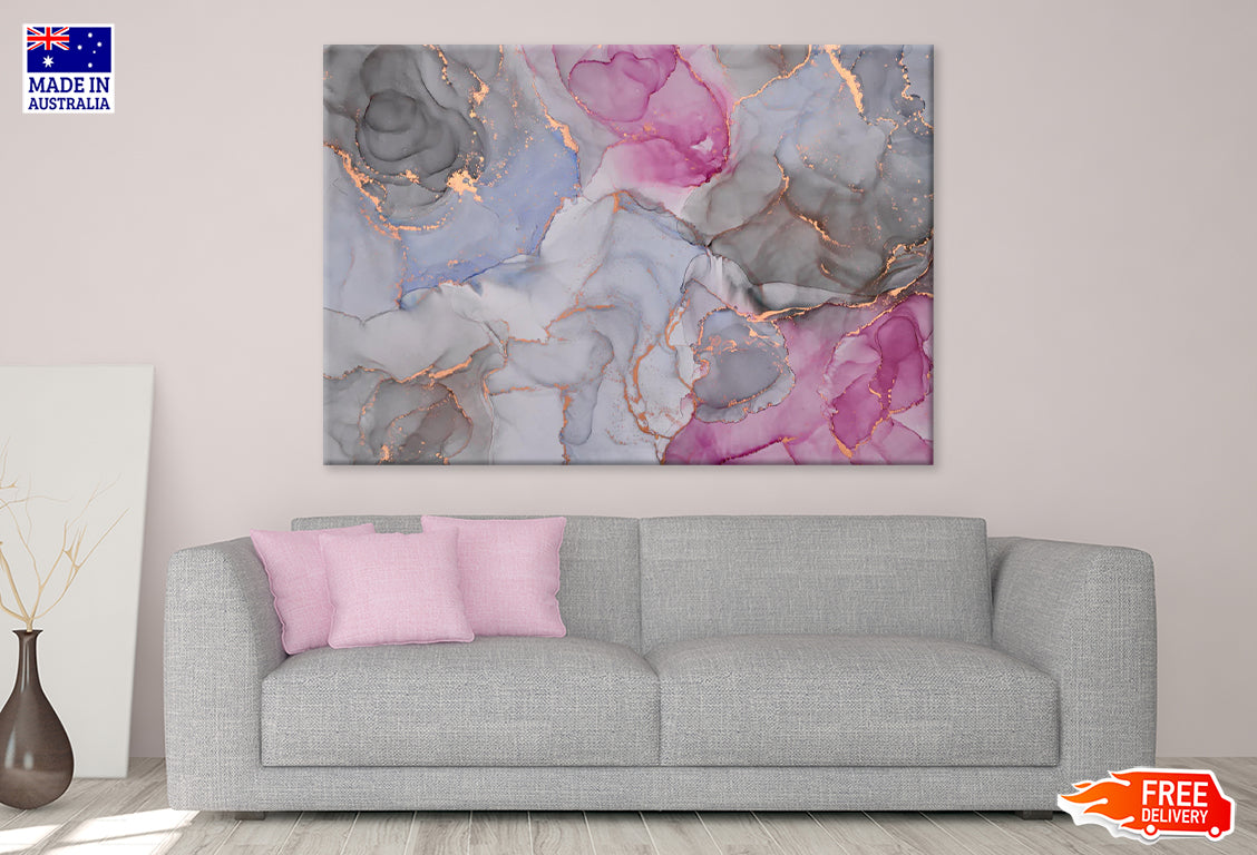 Grey Pink & Gold Fluid Abstract Print 100% Australian Made Stretched Canvas Ready to Hang  - AB-119