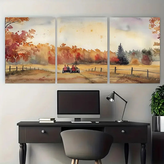 3pcs Fall Foliage Family On Hayride Metal Print Ready to Hang Art