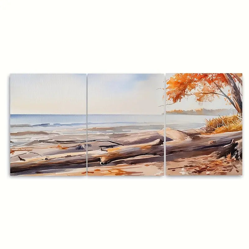 3pcs Fall Trees Scene Ocean Waves Beach Metal Print Ready to Hang Art