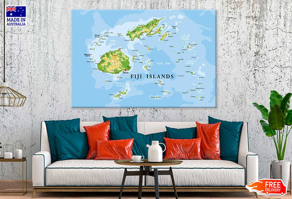 Fiji Islands Highly Physical Map Print 100% Australian Made Stretched Canvas Ready to Hang - MP-119