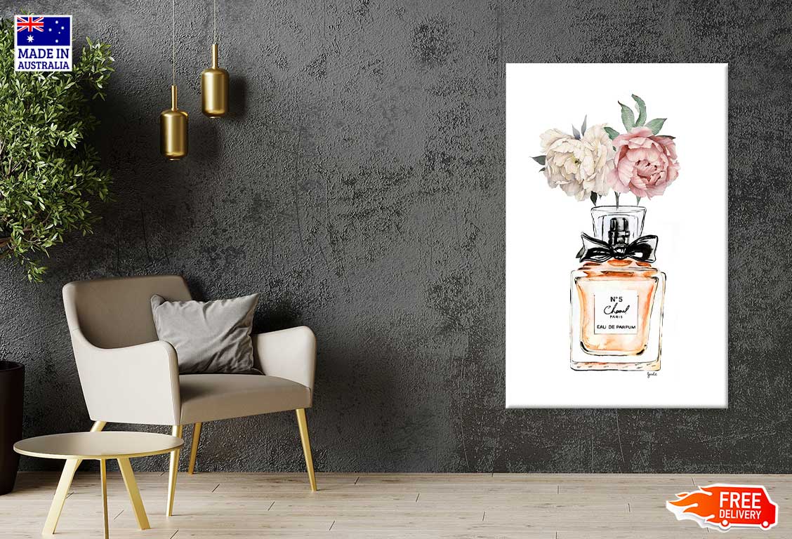 White & Pink Flowers with Orange Perfume Bottle Fashion Print 100% Australian Made Stretched Canvas Ready to Hang - FS - 150