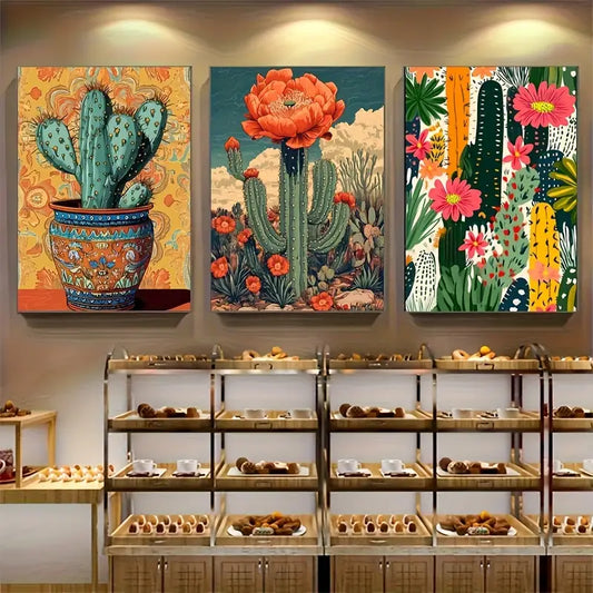 3pcs Vintage Mexican Cactus and Flower Metal Print Ready to Hang Art
