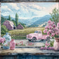 Vintage Truck in Village & Pink Flowers Window Print 100% Australian Made 60x40cm Stretched Canvas Ready to Hang