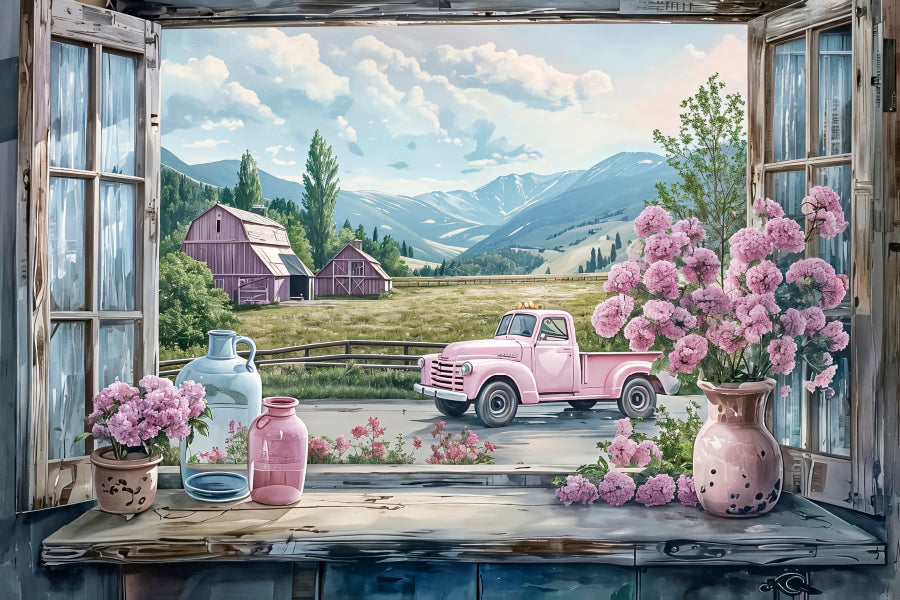 Vintage Truck in Village & Pink Flowers Window Print 100% Australian Made 60x40cm Stretched Canvas Ready to Hang