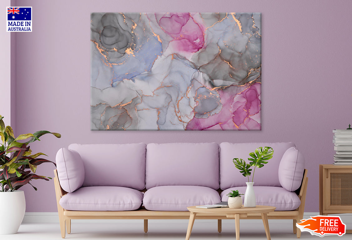 Grey Pink & Gold Fluid Abstract Print 100% Australian Made Stretched Canvas Ready to Hang  - AB-119