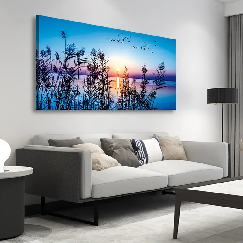 Sunset Lake Flying Birds Grasses Wall Art canvas office home room framed 120x60cm