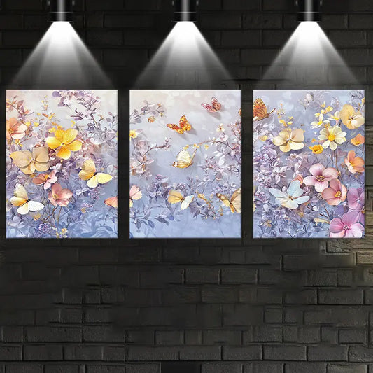3pcs Vibrant Butterfly & Floral Classic Design Metal Print Ready to Hang Art