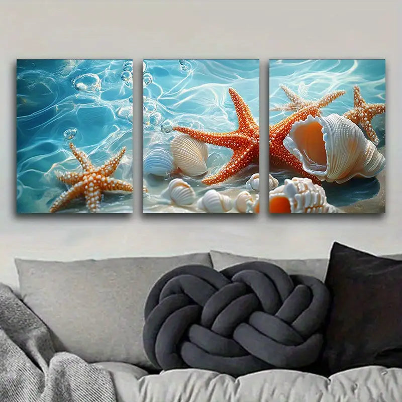3pcs Chic Sea Shells & Starfish Metal Print Ready to Hang Art