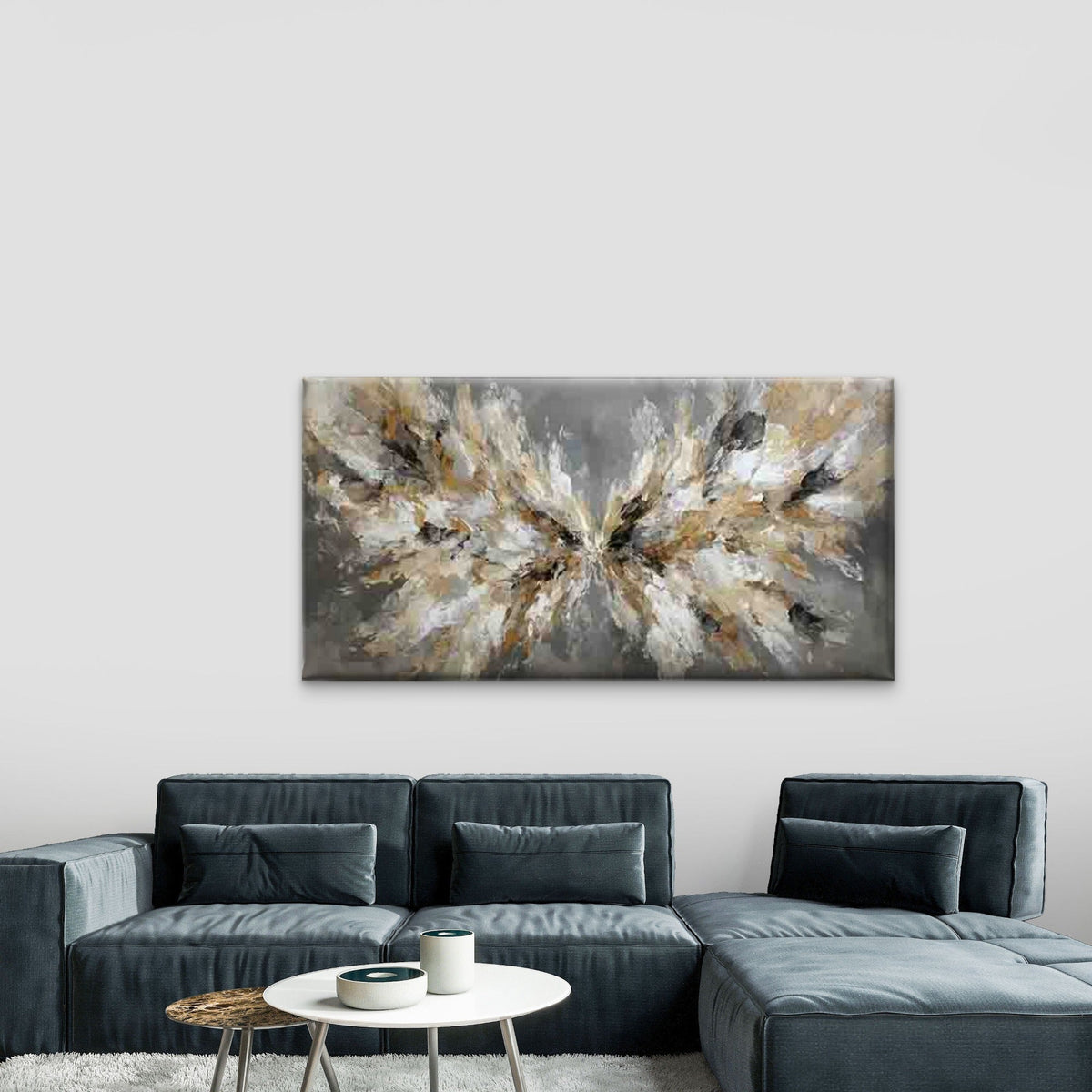 Abstract Beige, Black, White, Wall Art Canvas Office Home Room Framed 80x45cm