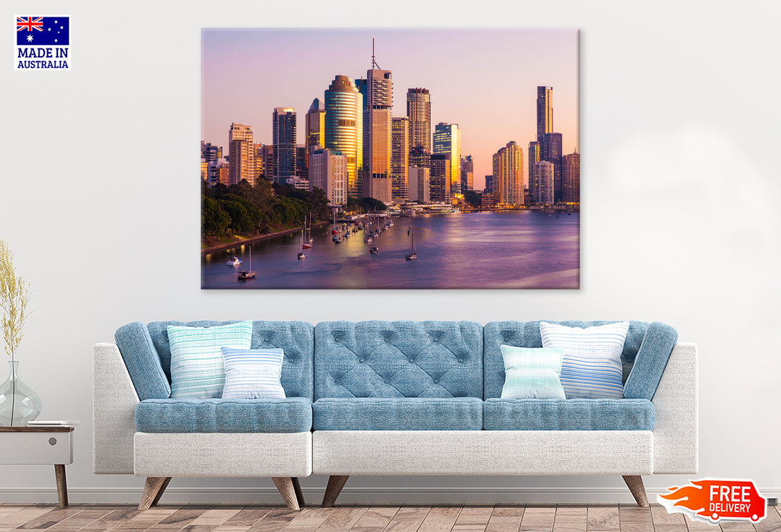 Brisbane City Morning Sun Shine View Print 100% Australian Made Stretched Canvas Ready to Hang - AU-101