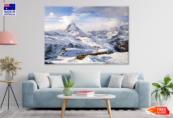 Snow Mountains in Winter Field Print 100% Australian Made Stretched Canvas Ready to Hang - NT-101