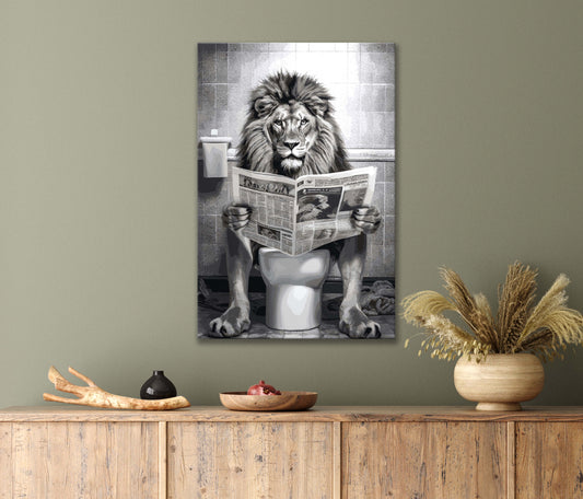 Lion Sitting on A Toilet, Reading a Newspaper, Black & White Print 100% Australian Made 40x60cm Stretched Canvas Ready to Hang