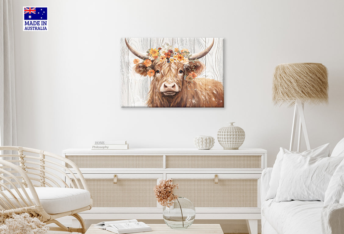 Highland Cow with a Crown of Blooms Print 100% Australian Made 60x40cm Stretched Canvas Ready to Hang