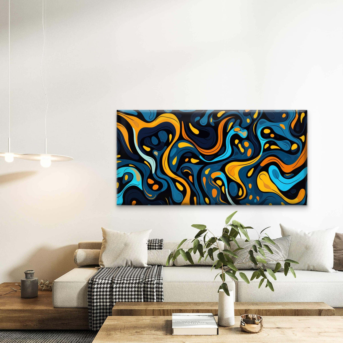 Blue Orange Fluid Liquid Swirl Wall Art Canvas Office Home Room Framed 120x60 cm