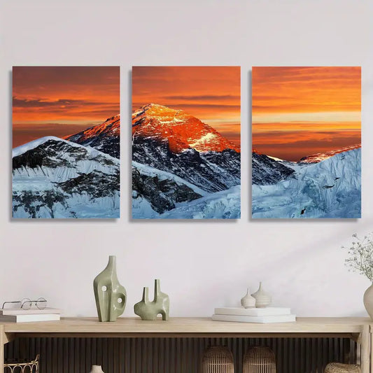 3pcs Mount Everest Sunset Vibrant Orange Metal Print Ready to Hang Art