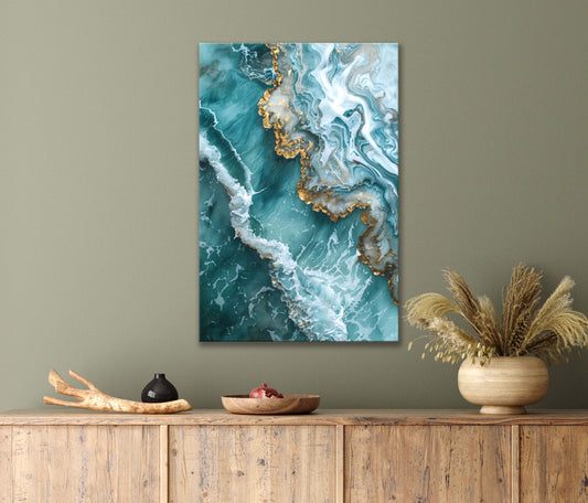 Abstract Art Of Gold-Cyan Crashing Waves Print 100% Australian Made 40x60cm Stretched Canvas Ready to Hang