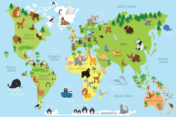 Funny Cartoon World Map Print 100% Australian Made Stretched Canvas Ready to Hang - MP-101