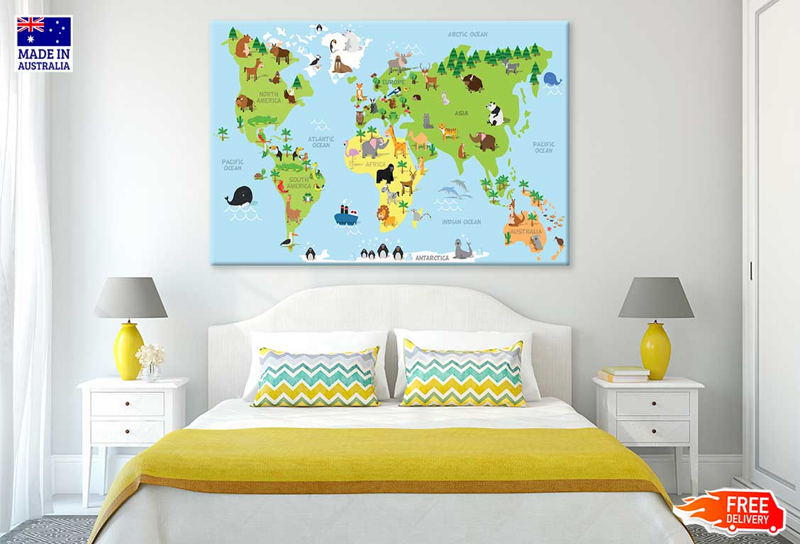 Funny Cartoon World Map Print 100% Australian Made Stretched Canvas Ready to Hang - MP-101