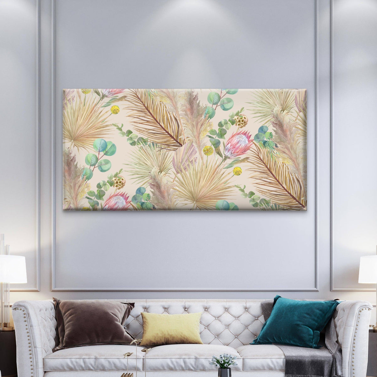 Boho Pink Protea Eucalyptus Wall Art Canvas Office Home Room Framed 80x45cm