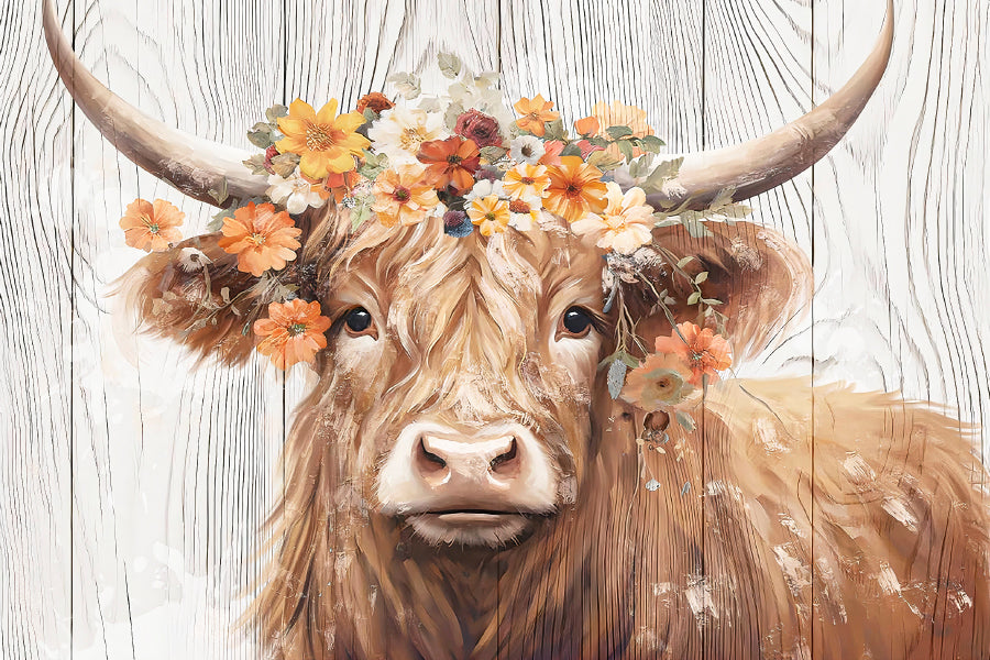 Highland Cow with a Crown of Blooms Print 100% Australian Made 60x40cm Stretched Canvas Ready to Hang