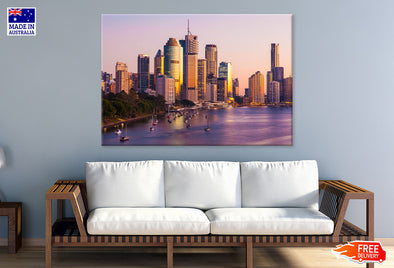 Brisbane City Morning Sun Shine View Print 100% Australian Made Stretched Canvas Ready to Hang - AU-101