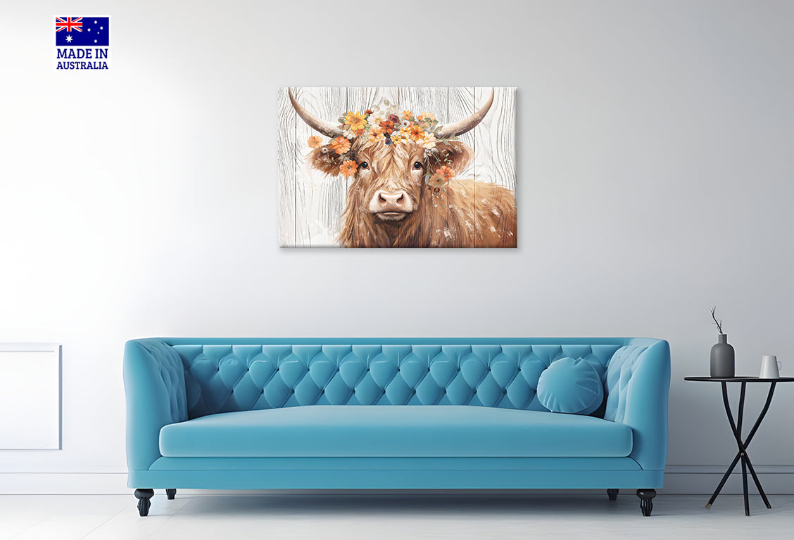 Highland Cow with a Crown of Blooms Print 100% Australian Made 60x40cm Stretched Canvas Ready to Hang