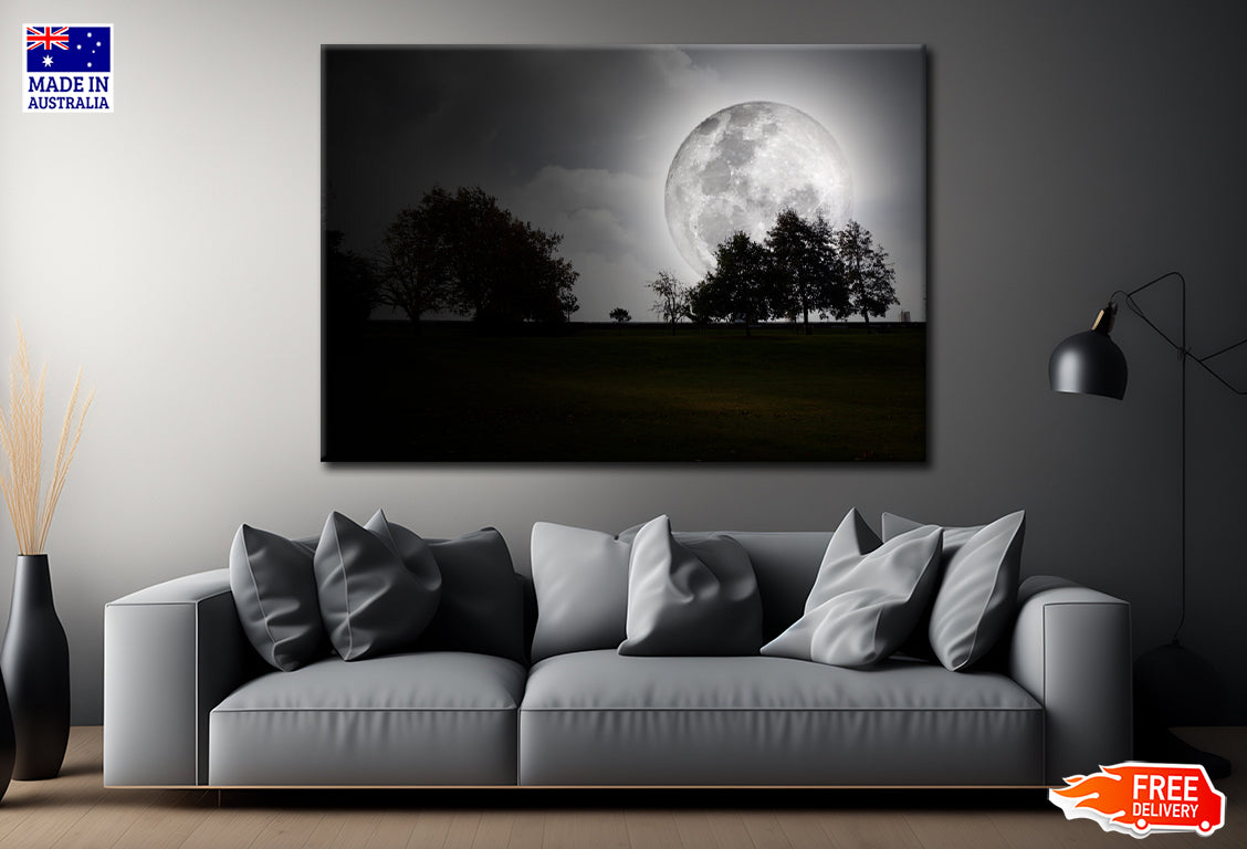 A Full Moon Shining Bright at Night Print 100% Australian Made Stretched Canvas Ready to Hang - BW-101