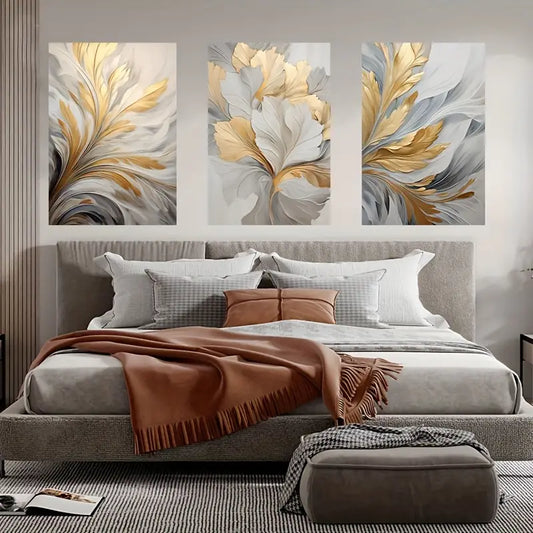 3pcs Golden Leaf Vibrant White Abstract Metal Print Ready to Hang Art
