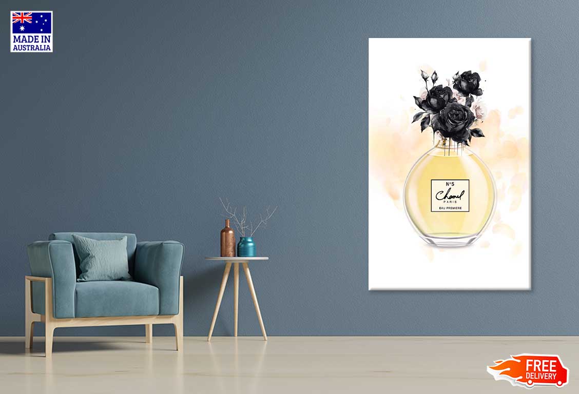 Black Flower with Gold Perfume Bottle Print 100% Australian Made Stretched Canvas Ready to Hang - FS - 158