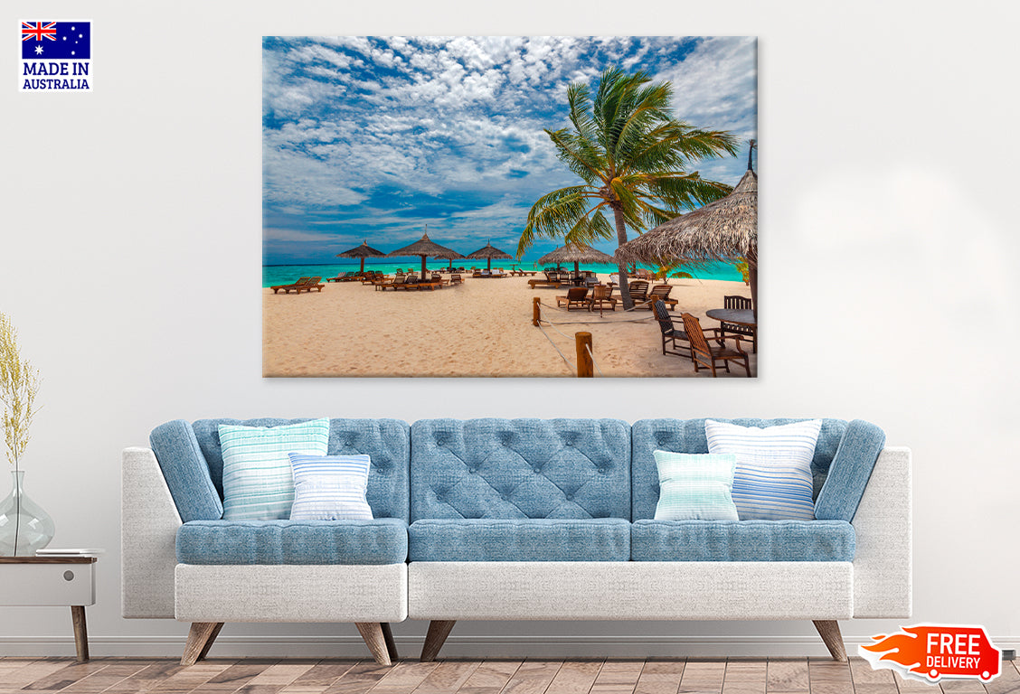 Maldives Ocean With Cabana Huts Print 100% Australian Made Stretched Canvas Ready to Hang - BC-101