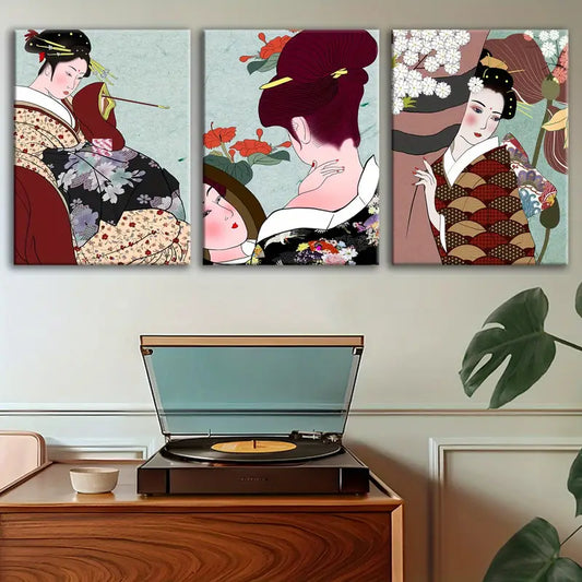 3pcs Japanese Retro Ladies Fashion Design Metal Print Ready to Hang Art