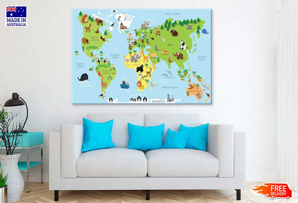 Funny Cartoon World Map Print 100% Australian Made Stretched Canvas Ready to Hang - MP-101