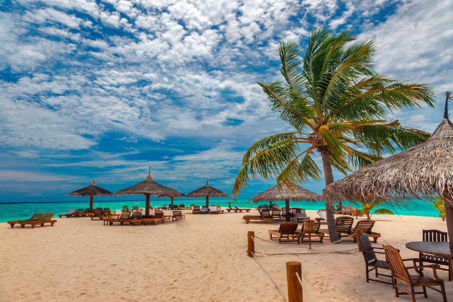 Maldives Ocean With Cabana Huts Print 100% Australian Made Stretched Canvas Ready to Hang - BC-101