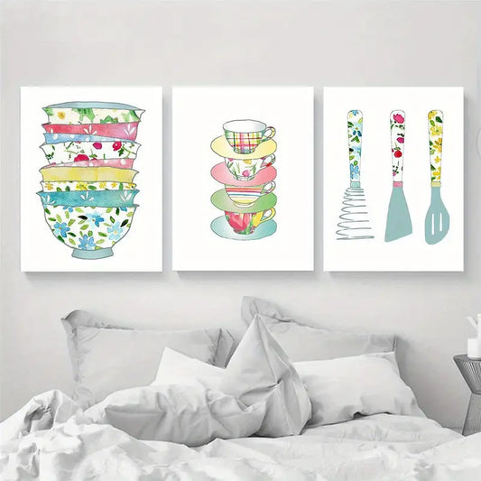 3pcs Blue Utensils, Teapots & Cups Design Metal Print Ready to Hang Art
