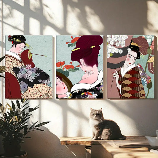 3pcs Japanese Retro Ladies Fashion Design Metal Print Ready to Hang Art