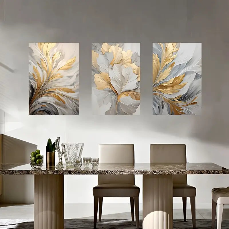 3pcs Golden Leaf Vibrant White Abstract Metal Print Ready to Hang Art