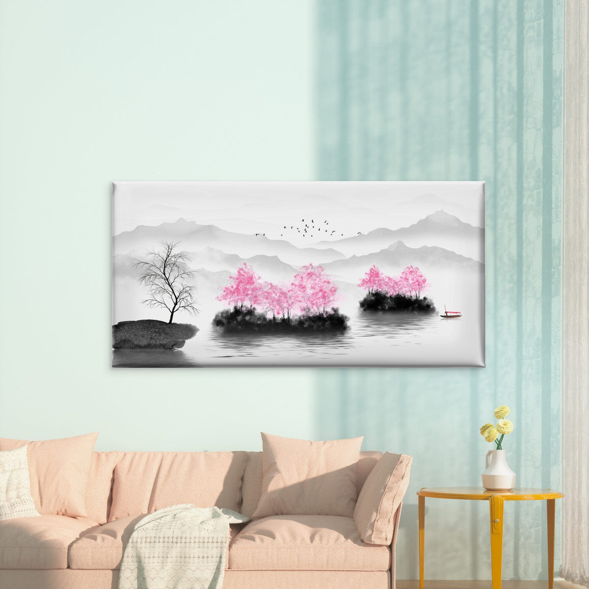 Serene Pink Blossom Landscape Wall Art Canvas Office Home Room Framed 120x60cm