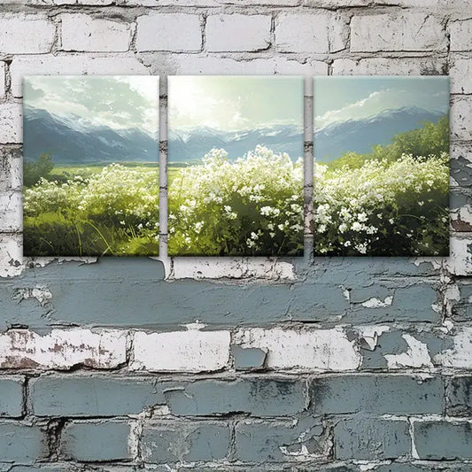 3pcs Serene Elderberry Bush with White Flowers in Meadow Metal Print Ready to Hang Art
