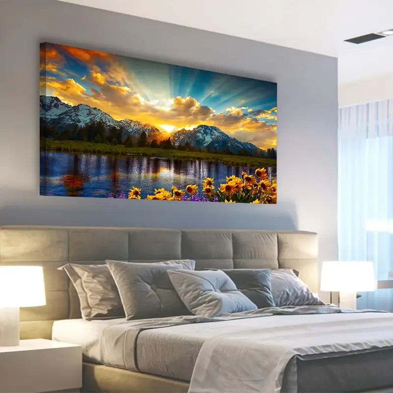 Sunset Mountain Sunflowers Lake Scenery Wall Art canvas office home room framed 120x60cm