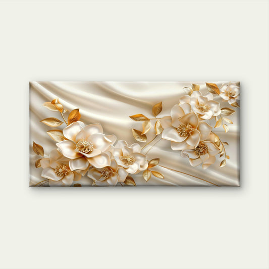 Golden Silken Floral Grace Wall Art Canvas Office Home Room Framed 80x45cm