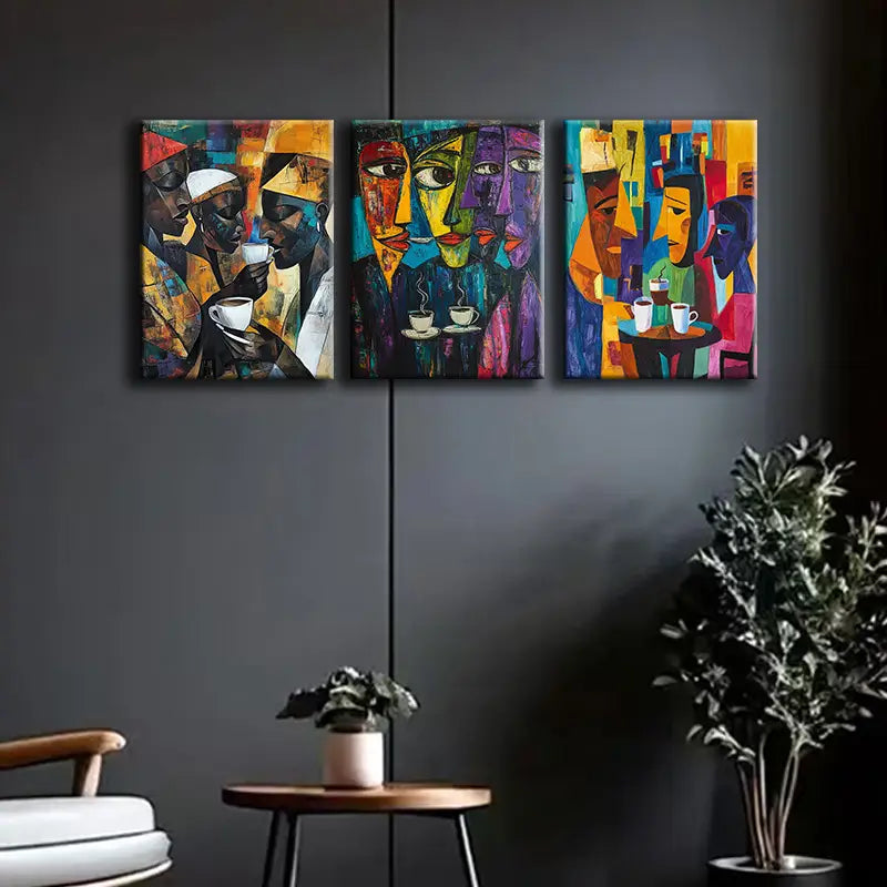 3pcs Abstract Coffee Drinking Scenes Metal Print Ready to Hang Art
