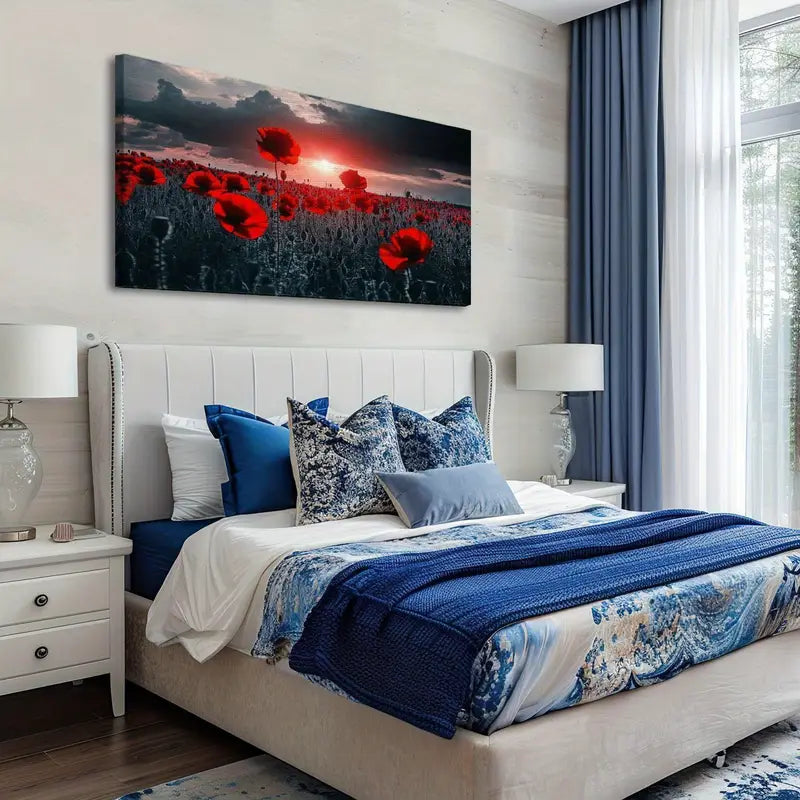 Red Field Poppies Sunset Wall Art canvas office home room framed 120x60cm