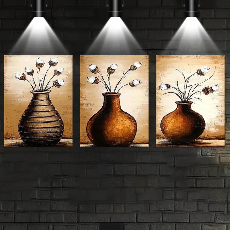 3pcs Watercolor Elegant Plant Vase Design Metal Print Ready to Hang Art