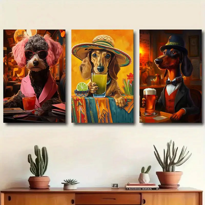 3pcs Stylish Dogs with Drinks Fun Outfits with Roostertails Metal Print Ready to Hang Art