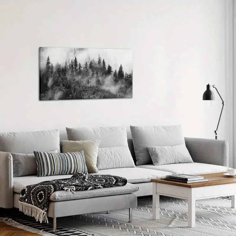 Foggy Mountain Black And White Nature Forest Wall Art canvas office home room framed 80x45cm