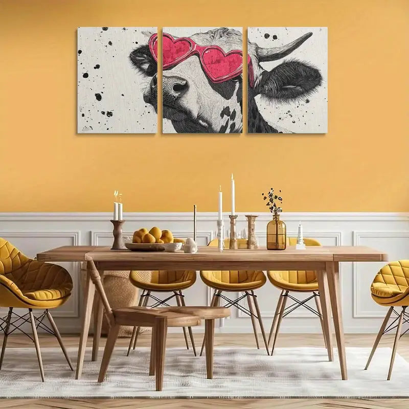 3pcs Cute Cow with Heart-Shaped Glasses Metal Print Ready to Hang Art