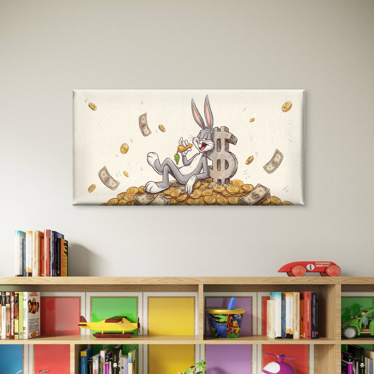 Golden Money Rabbit Sketch Wall Art Canvas Office Home Room Framed 80x45cm