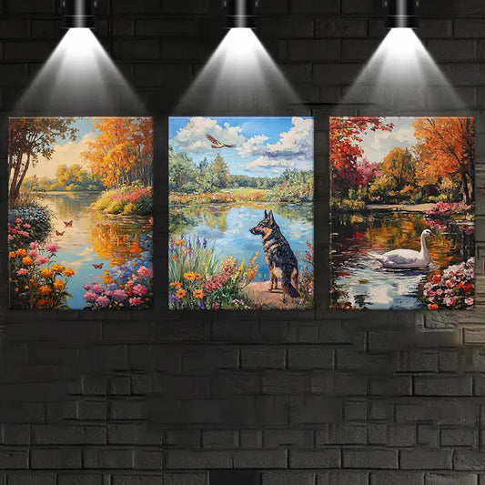 3pcs Watercolor Charming River View Animals Metal Print Ready to Hang Art